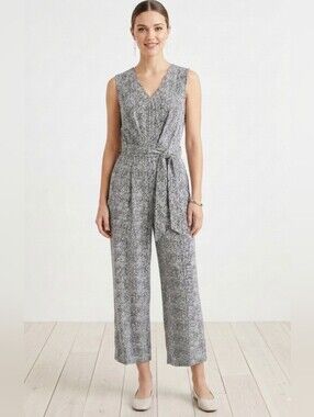 Apt. 9 Gray & White Sleeveless V-Neck Flowy Summer Pant Jumpsuit Jumper Large